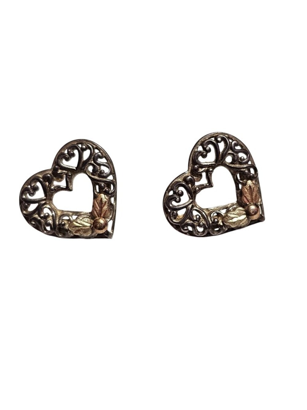 (713) Vintage Sterling Heart Filigree Pierced Earrings Gold Accents 3.42 Grams